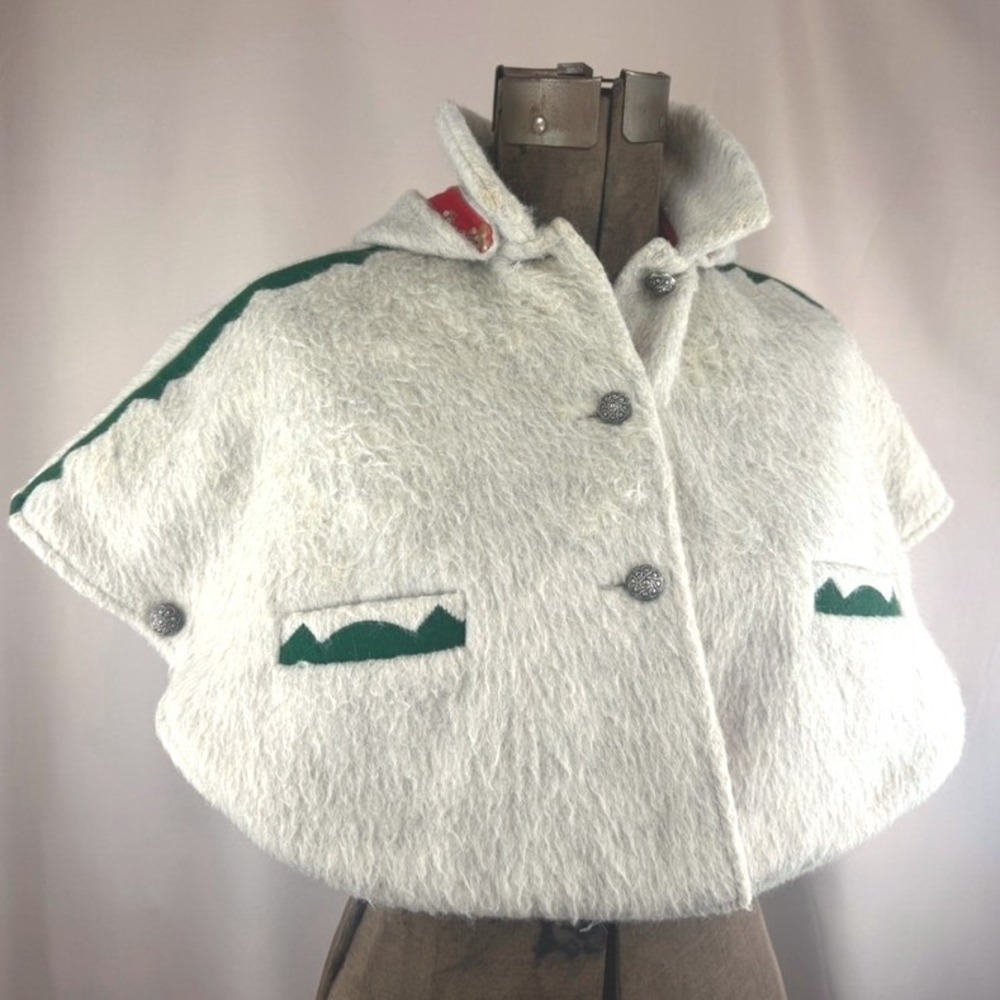Vintage 60s Mohair Childrens Cape Hood Calico Pewter Alpine Cottage Folk German